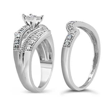 Sterling Silver 1/3ctw Diamond Crisscross Engagement Bridal Set