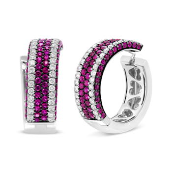 18K White Gold 1 7/8 Cttw Diamond and 1mm Round Red Ruby Open Swish Hoop Earrings