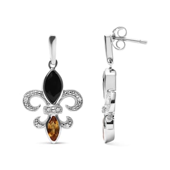 Sterling Silver Marquise Cut Onyx and Citrine with Diamond Accent Fleur
De Lis Drop Stud Earrings