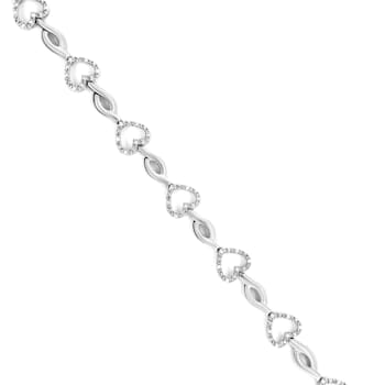 Sterling Silver .25ctw Round-Cut Diamond Alternating Heart and Leaf Link Bracelet