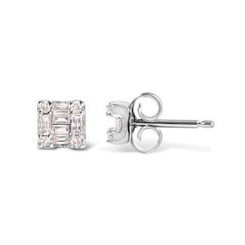 10K White Gold 1/7 Cttw Round and Baguette Diamond Mosaic Square Stud Earrings