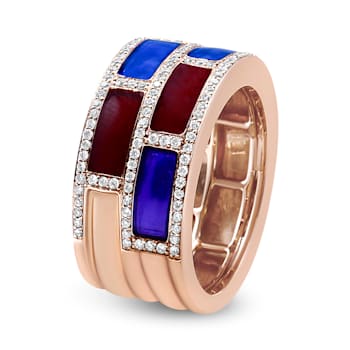18K Rose Gold Alternating Red and Blue Enamel and 1/2 Cttw Diamond
Studded Band Ring
