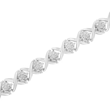Sterling Silver Round Diamond Accent Floral Cluster and "X"
Link Bracelet