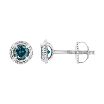 1.50ctw Treated Blue Diamond Solitaire Sterling Silver Stud Earrings