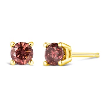 14K Yellow Gold 3/4ctw Round Brilliant-Cut Pink Diamond Solitaire Stud Earrings