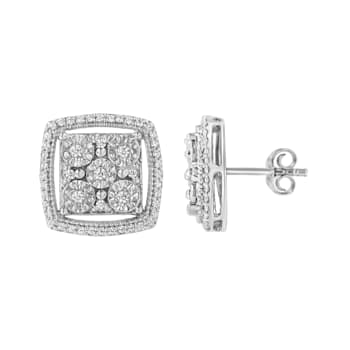 Sterling Silver 3/8ctw Miracle Set Round Diamond Double Halo Cluster Earrings