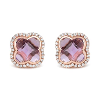 18K Rose Gold Clover Cut Amethyst Gemstone with Round Diamonds Halo Stud Earrings