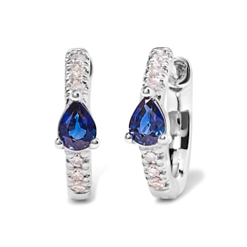 10K White Gold Pear Shaped Blue Sapphire and 1/10 Cttw Diamond Huggy
Hoop Earrings