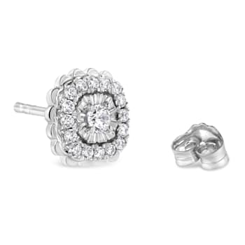 Sterling Silver 1/2ctw Round-Cut Diamond Halo Cluster Stud Earring