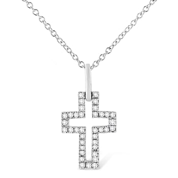 .925 Sterling Silver 1/10 cttw Pave-Set Round-Cut Diamond Open Cross
18" Pendant Necklace