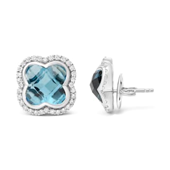 18K White Gold Clover Cut Blue Topaz Gemstone with Round Diamonds Halo
Stud Earrings