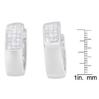 14K White Gold 1 1/8ctw Princess and Round Cut Diamond Huggie Earrings