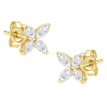 14K Yellow Gold 1/2ctw Marquise Diamond 8 Stone Floral Leaf Stud Earrings