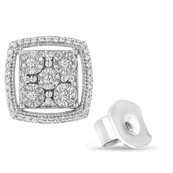 Sterling Silver 3/8ctw Miracle Set Round Diamond Double Halo Cluster Earrings