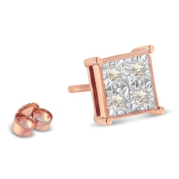 10K Rose Gold Over Sterling Silver Princess Diamond Quad Stud Earrings 0.5ctw