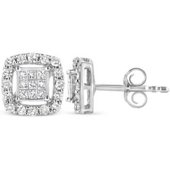 Sterling Silver 1/2ctw Round and Princess-Cut Diamond Stud Earrings