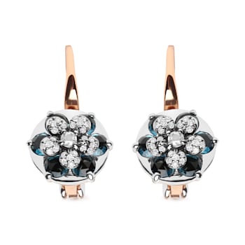 18K Two-tone Gold Round Blue Topaz and Round Diamonds Cluster Floral
Drop Hoop Earrings