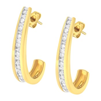 10K Yellow Gold 1.0ctw Channel Set Diamond J-Hoop Earrings