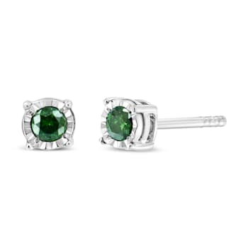 Sterling Silver Rose Cut Treated Green Diamond Solitaire Stud Earrings 0.25ctw