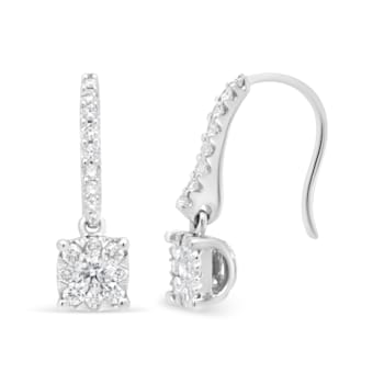 14K White 1/2ctw Round Diamond Halo Dangle Hook Earring