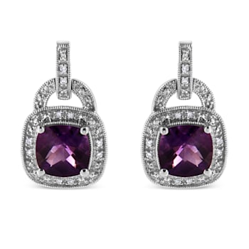 Sterling Silver 8MM Cushion Shaped Amethyst and Diamond Accent Halo with
Push Back Dangle Earrings