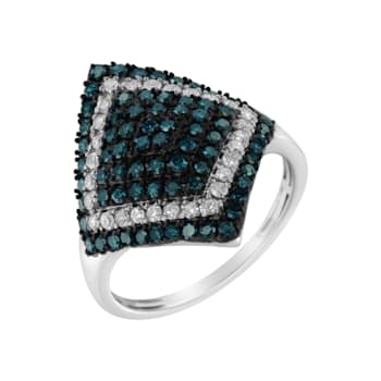 Sterling Silver 1.0ctw White and Treated Blue Diamond Rhombus Cocktail
Ring (Blue, I3)