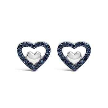 Sterling Silver 1/6 Cttw Blue Diamond Open Double Heart Stud Earrings