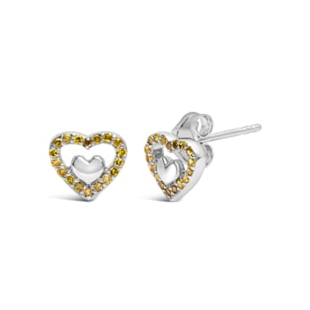 Sterling Silver 1/6 Cttw Yellow Diamond Open Double Heart Stud Earrings