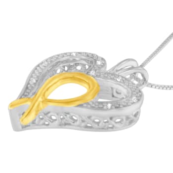 10K Gold Over Sterling Silver Two Toned 1/25ctw Diamond Heart-Ribbon
Pendant With Chain