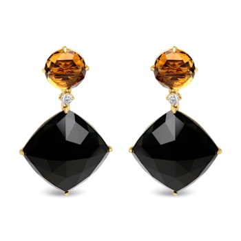 18K Yellow Gold Round Citrine and Cushion Cut Onyx Gemstone with Diamond
Accent Dangle Earrings