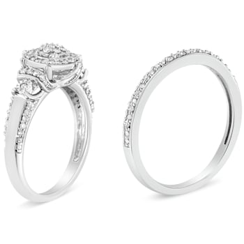 Sterling Silver 1/3ctw Diamond 7 Stone Cluster and Halo Engagement and
Wedding Band Set