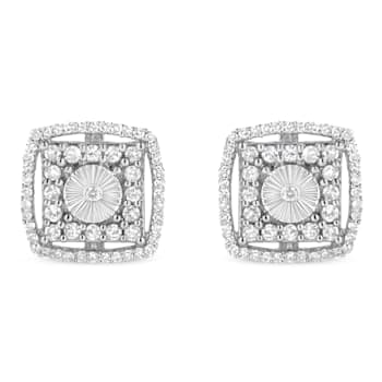 Sterling Silver 1.0ctw Round Diamond Double Halo and Disc Stud Earring
