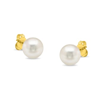7.5-8.0MM Saltwater Akoya Cultured White Pearl 14K Yellow Gold Stud Earrings