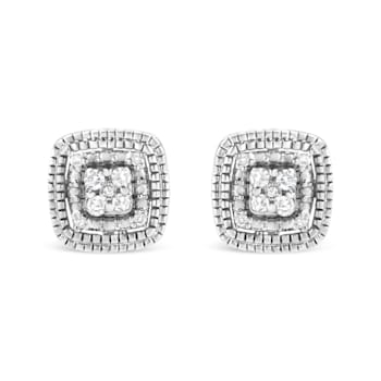 Sterling Silver 1/10ctw Prong-Set Round Cut Diamond Square Shape with
Milgrain Halo Stud Earrings