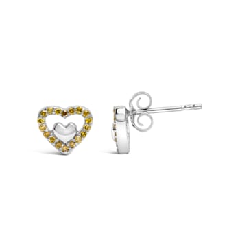 Sterling Silver 1/6 Cttw Yellow Diamond Open Double Heart Stud Earrings