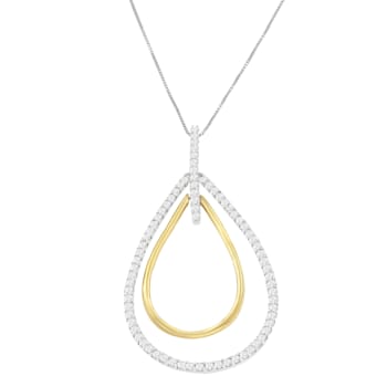 14K Two-Tone Gold Round Cut Diamond Double Burst Pendant Necklace 1.00ctw