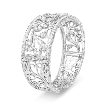 18K White Gold 3 1/4 Cttw Pave Diamond Openwork Floral Filigree Bangle Bracelet