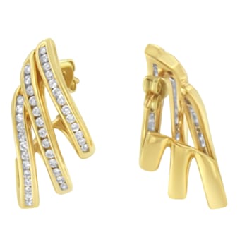 10K Yellow Gold 1.0ctw Round Diamond Spiral Multi Row Channel Set Hoop Earrings