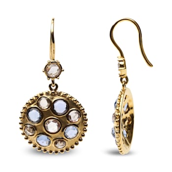 18K Yellow Gold Special Cut Round Blue Sapphire with White and Brown
Diamond Cluster Dangle Earrings