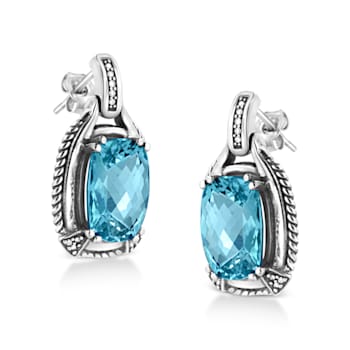 Sterling Silver 14x10MM Cushion Cut Blue Topaz Gemstone and Diamond
Accent Dangle Earrings
