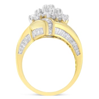 10K Yellow Gold Round and Baguette Diamond Crossover Cluster Ring (3ctw,
I-J Color, I1-I2 Clarity)