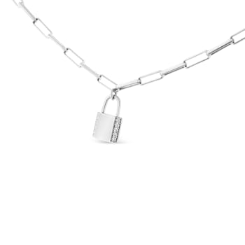 Sterling Silver 1/10ctw Round Diamond Lock Pendant 16" Paperclip
Chain (H-I Color, SI1-SI2 Clarity)