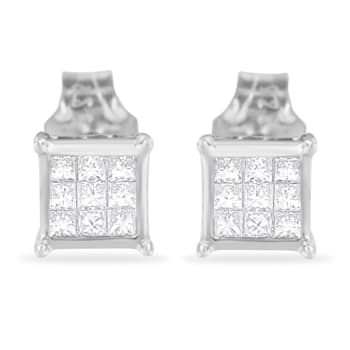 Sterling Silver Princess Cut Diamond Square Stud Earrings .30ctw