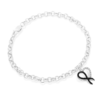 Sterling Silver 1/6ctw Black and White Diamond Heart Charm Bracelet