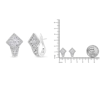 18K White Gold 1 1/10ctw Round Diamond Cluster with Halo Hoop Huggie Earrings
