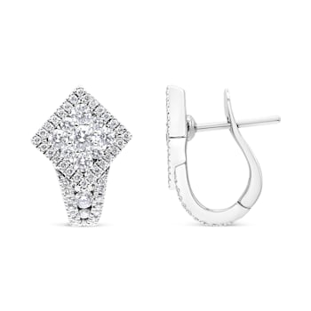 18K White Gold 1 1/10ctw Round Diamond Cluster with Halo Hoop Huggie Earrings