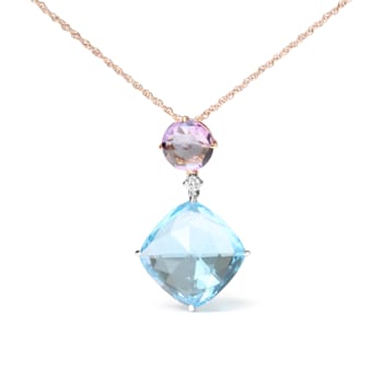 18K Two-tone Gold Cushion Cut Blue Topaz and Round Pink Amethyst with
Diamond Accent Dangle Pendant