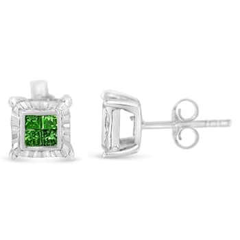 Sterling Silver Color Treated Princess Green Diamond Quad Stud Earring 1/2ctw