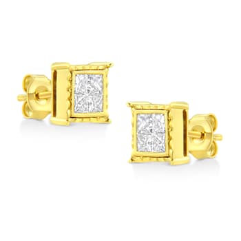 14K Yellow Gold 1.0ctw Invisible Set Princess-Cut Diamond Composite 8
Stone Stud Earrings