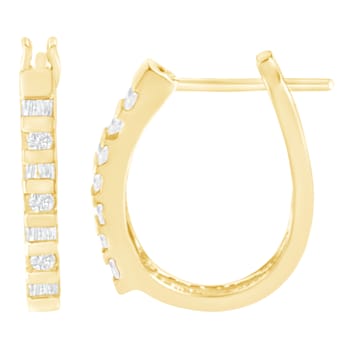 10K Yellow Gold 1/4ctw Round and Baguette Cut Diamond Oblong Hinged
Leverback Hoop Earrings